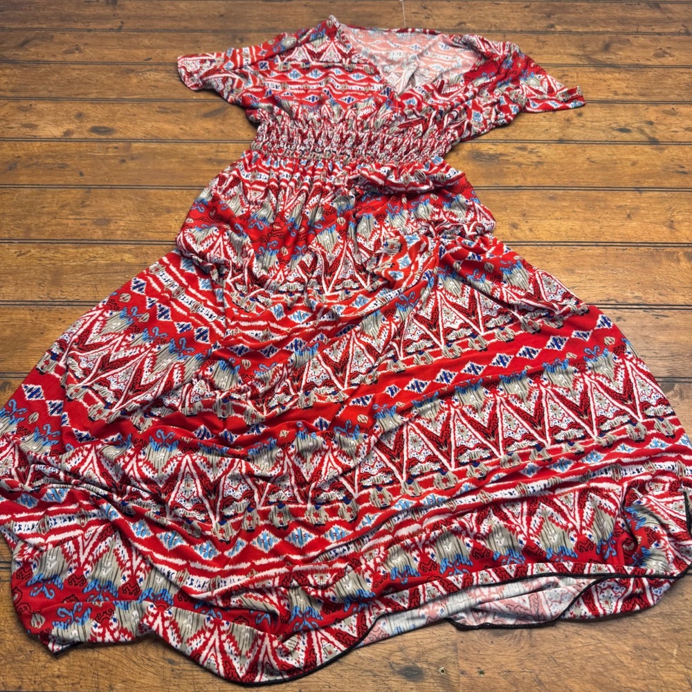 West Loop Red Tribal Print Smocked Waist V-Neck Maxi Dress XL